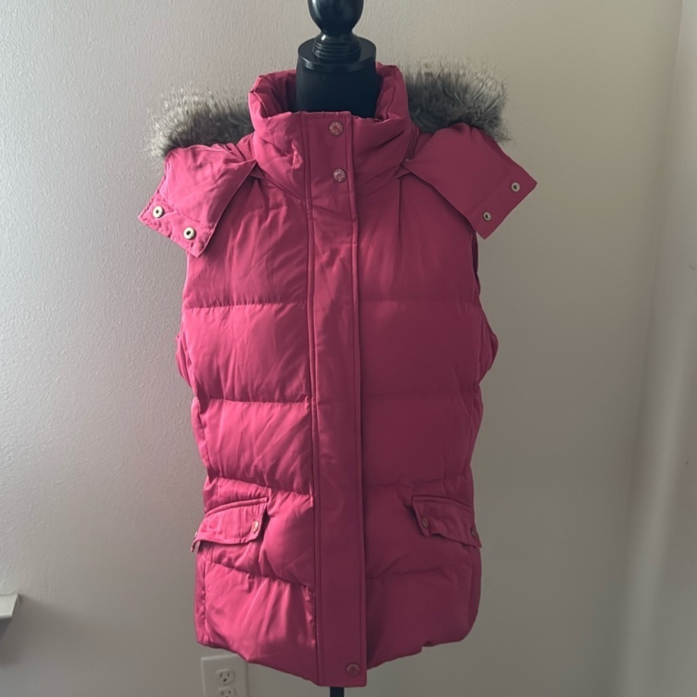 Talbots Sz‎ L pink puff quilted down vest detachable faux fur trim hoodie